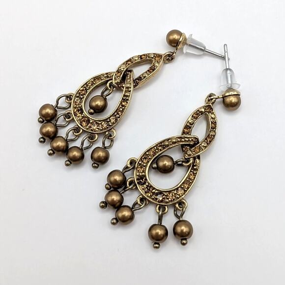 Vintage MONET Faux Pearl Rhinestone Chandelier Dangle Drop Earrings Bronze Tone - Picture 1 of 6